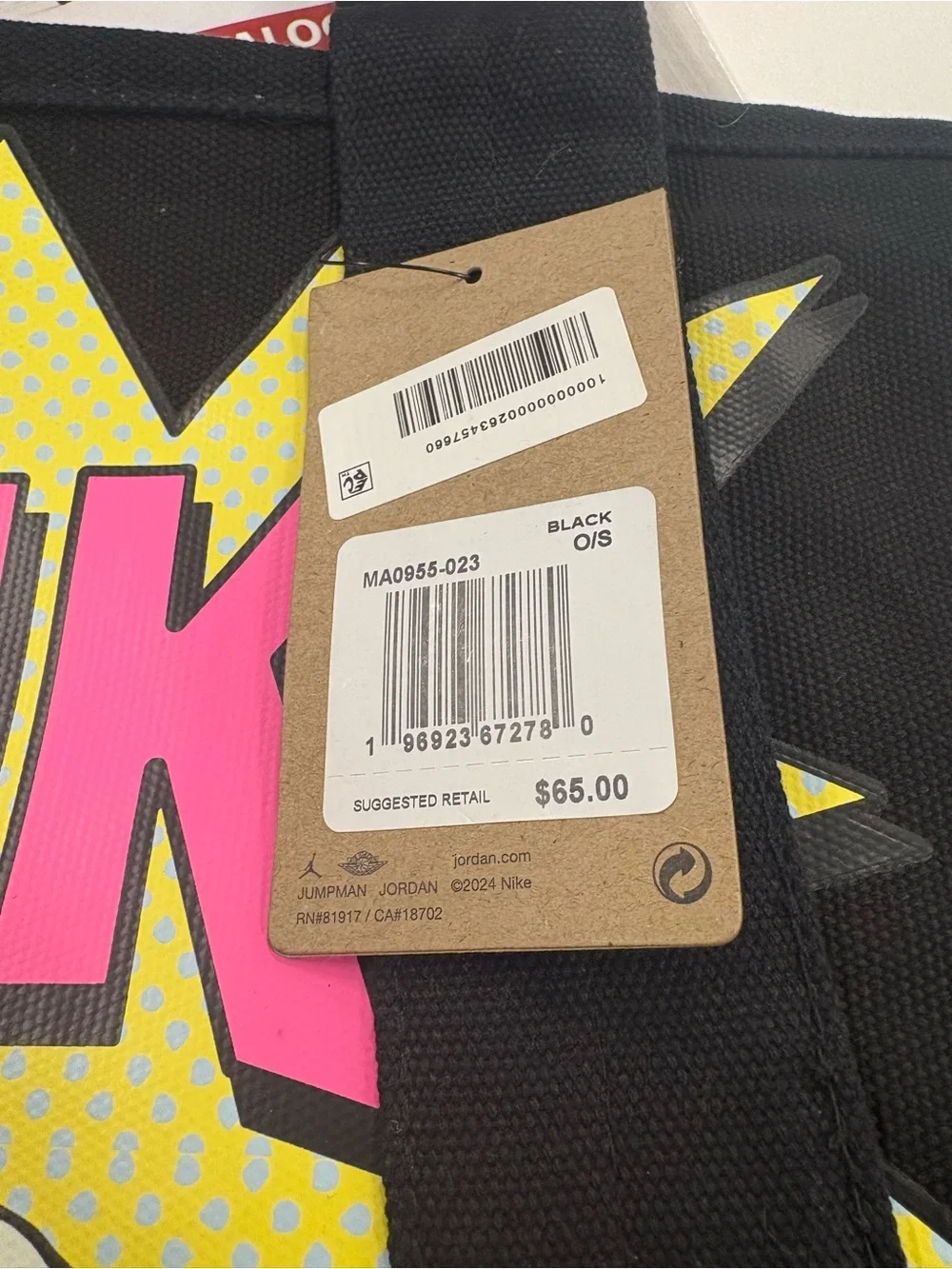 Jordan Black Canvas Tote with Pink & Yellow Pop-Art Dunk Graphic
